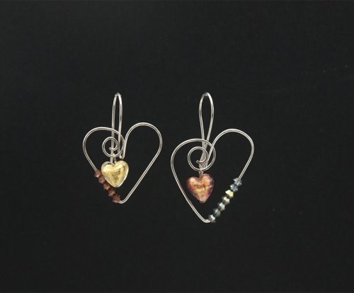 Kylie Jones's Murano glass wire heart earrings.    - , Contemporary Wire Jewelry, Butane Torch, Soldering, Solder, murano glass wire earrings